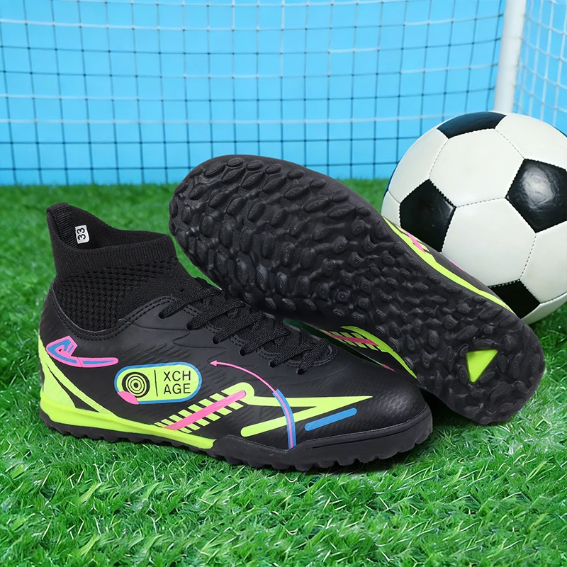 A pair of youth high-top TF soccer cleats, elastic sock collar, graffiti print lightweight boots for training JS-72020-1