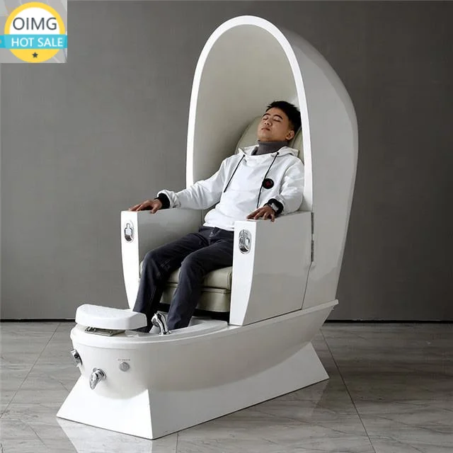 Space Capsule Pedicure Chair with Extended Armrests Water Bottle Storage White Base