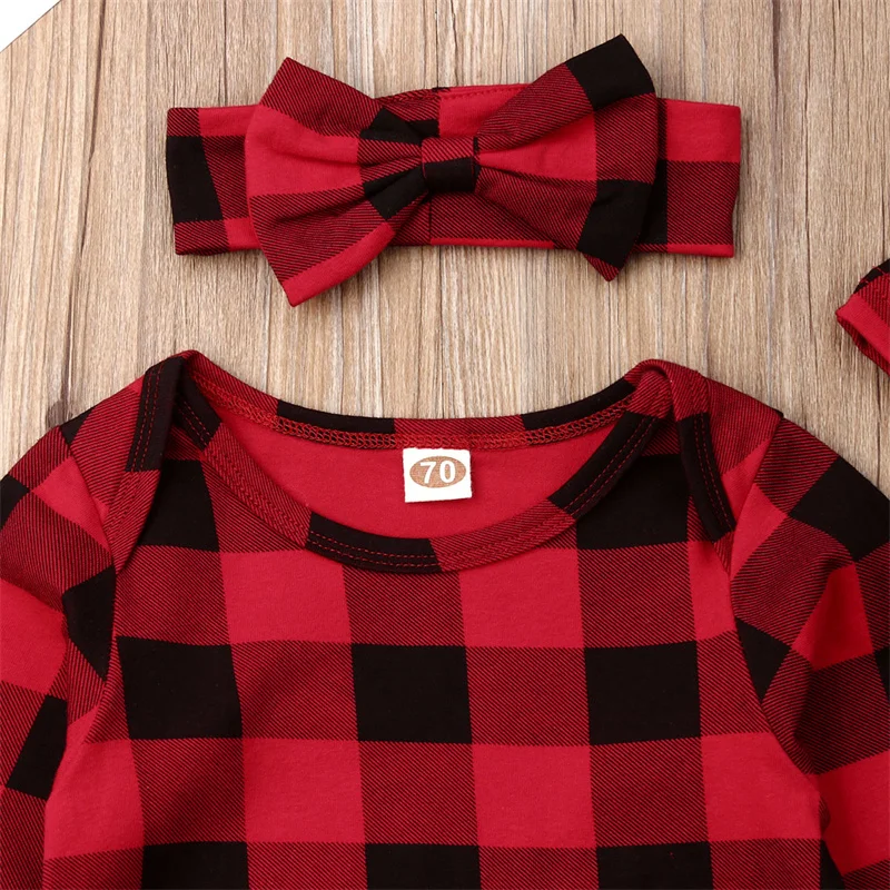 Baby Sleeping wear with Beanie Hat & Hair Band Long Sleeve Envelope Neckline Sleepwear Plaid Printed Stretchy Nightgown