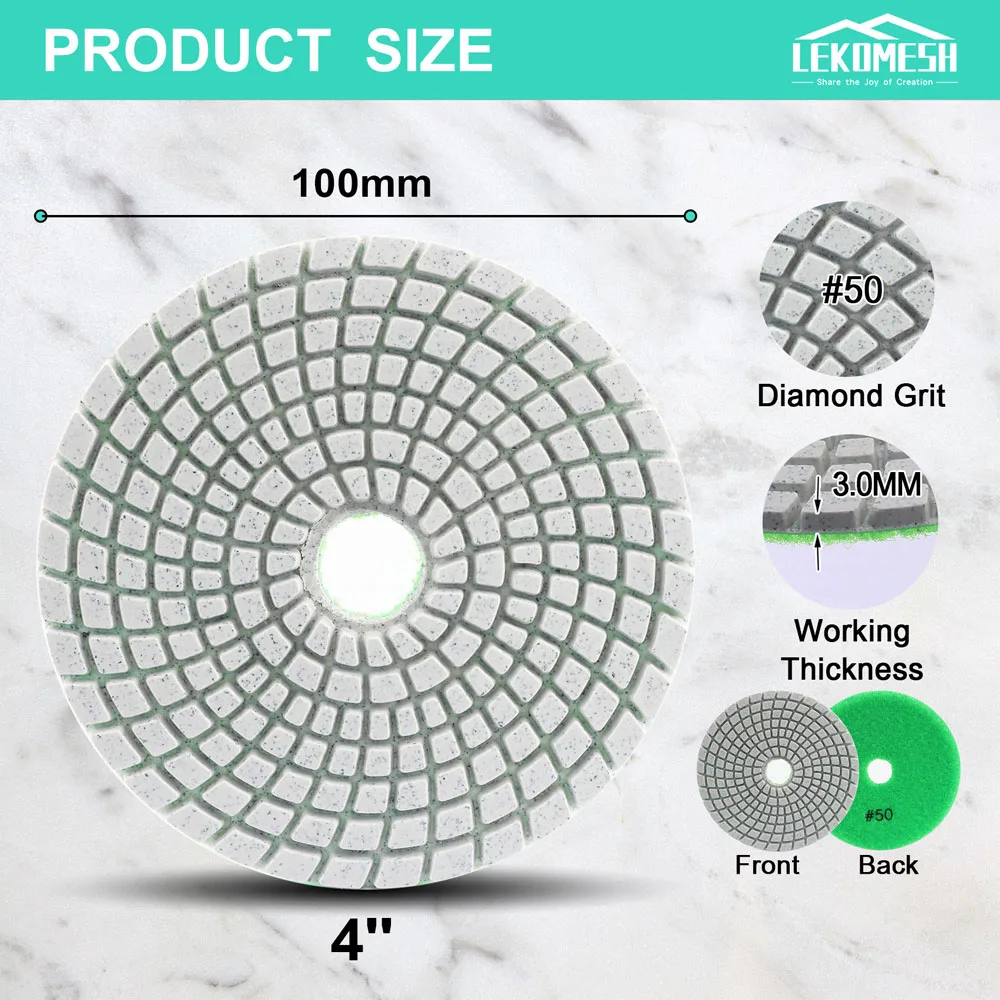 LEKOMESH 6pcs Dia 4 inches 100mm Grit Diamond Polishing Pads Kit Wet for Granite Quartz Stone Sanding Marble Sanding Disc Set