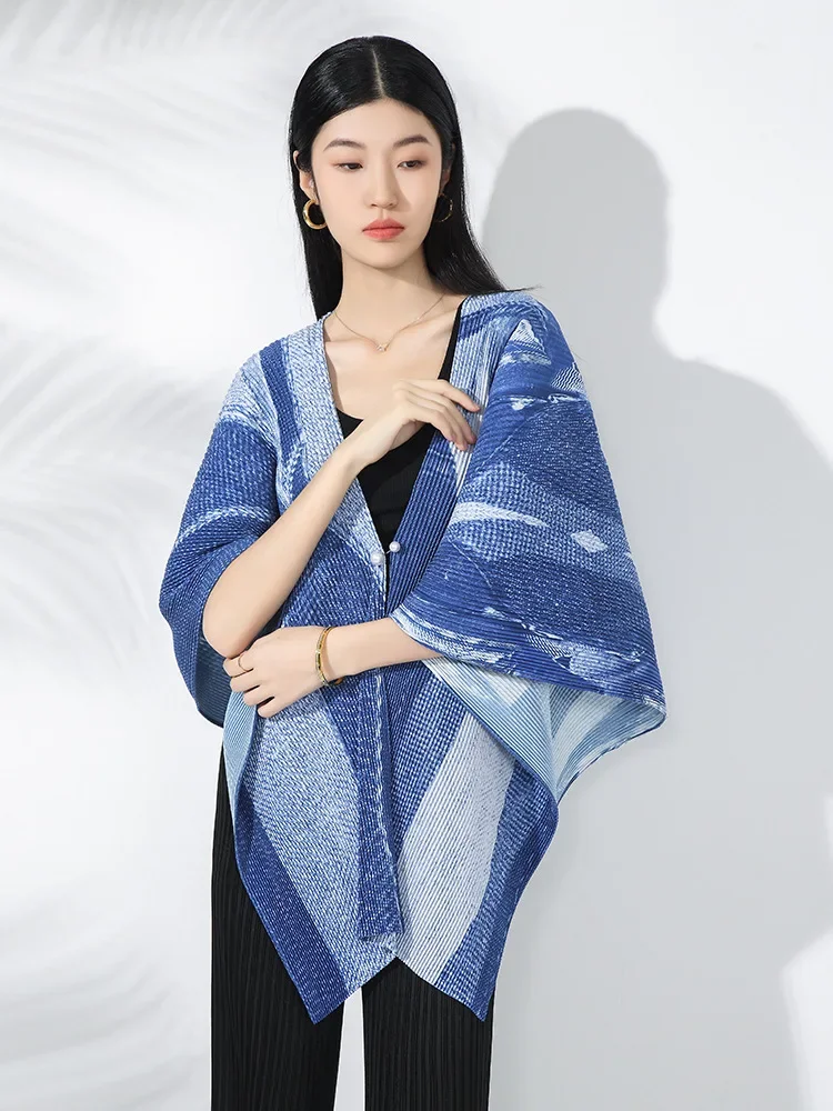 Miyake Pleated Shirt Loose Lapel Oversized Jackets Art Pleated Printed Loose Large Size Versatile Coat Shawl
