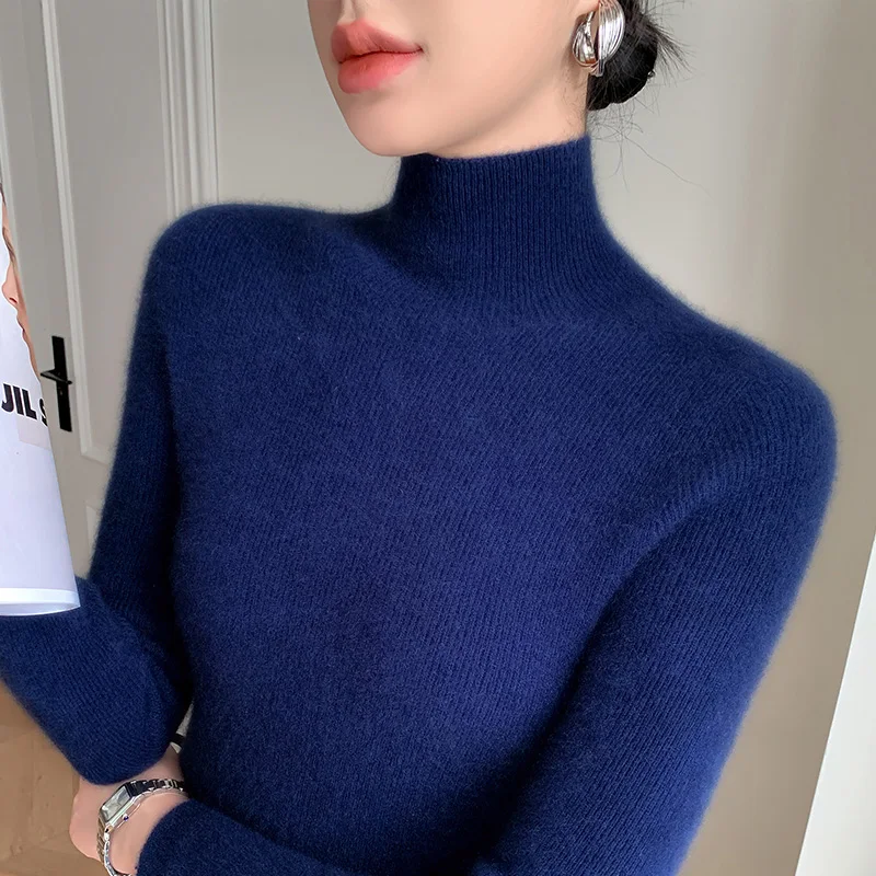 Suéter básico de Cachemira para mujer, jersey de cuello alto de lana merina, suave y delgado tejido de punto, novedad de otoño e invierno, 100%