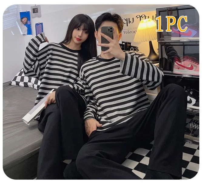 Cotton Couple Pajamas Set Women Men Long Sleeves Pants Home Clothing Casual Loose Sleepwear Cartoon Striped Plaid Loungewear 3XL