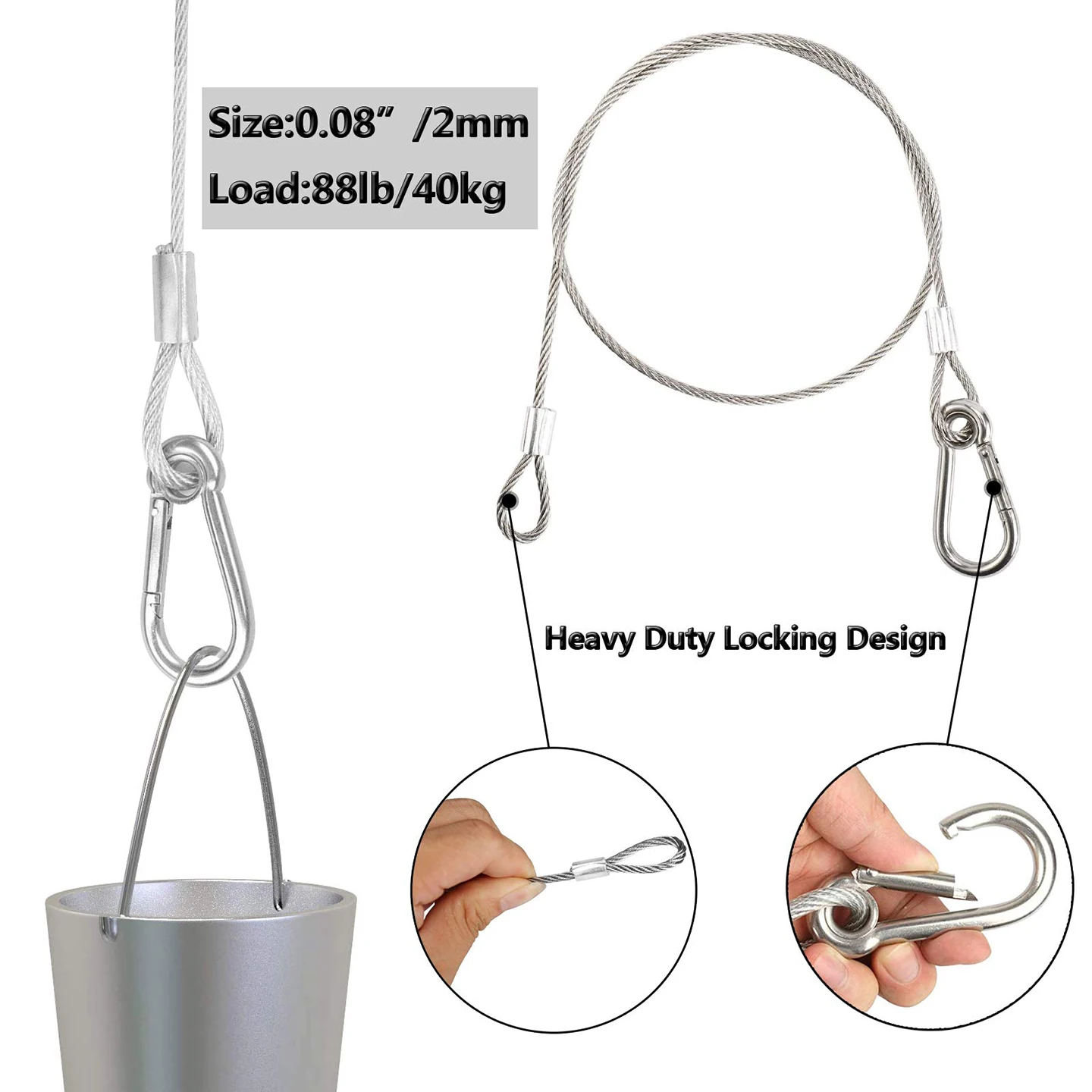 Picture 4: 4 Pieces of 2mm Stainless Steel Cable Safety Rope, with M5 Safety Rope Strap and Loop Mountain Buckle for Lighting/Luggage, Etc
