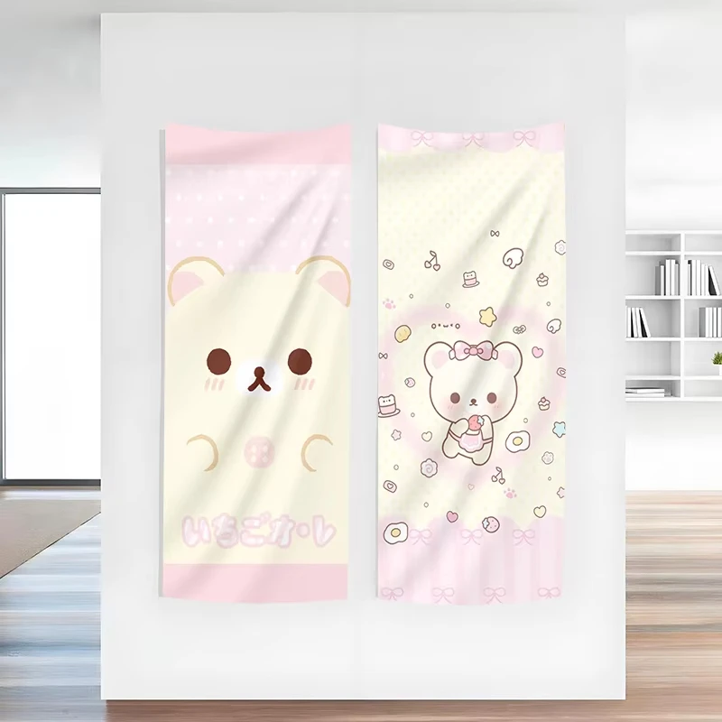 Sweet Dessert Theme Rilakkuma Tapestry, Pastel Pink Cartoon Bear Print Wall Art for Girls Room Dorm Apartment