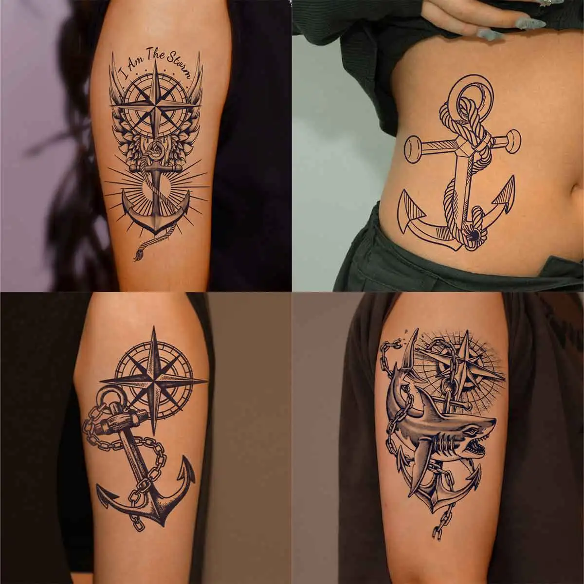 4pcs Compass Ship Anchor Temporary Tattoos For Men Adult Fake Lion Tiger Dragon Astronaut Tattoo Sticker Unique Waterproof Tatoo