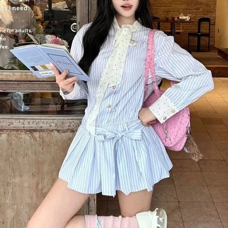 Preppy نمط المرقعة بلوزة مخططة ربيع جديد كم طويل القوس جلد فضفاض موضة قميص علوي شارع العليا ملابس حريمي غير رسمية #3