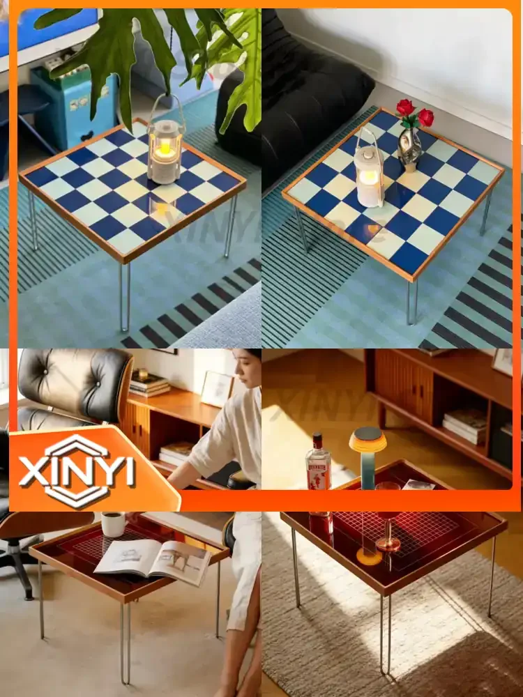 Square Coffee Table for Living Room Central Table Tempered Glass Stainless Steel Splicing Teak Wood Bauhaus Furniture
