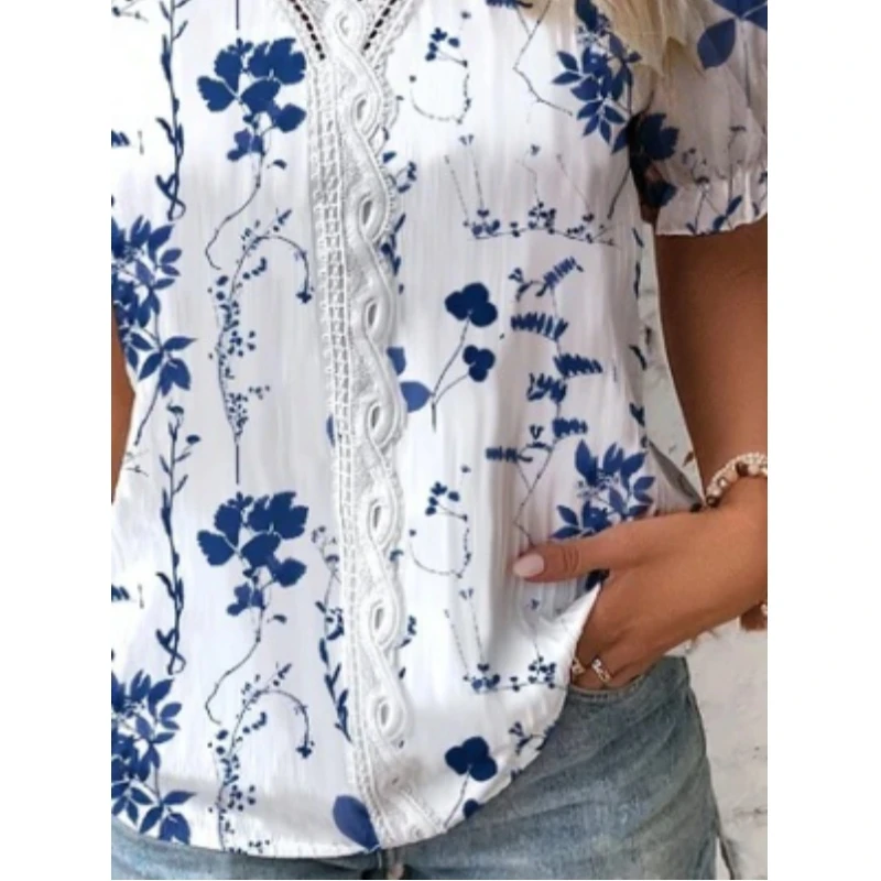 Elegante Blusa de manga curta impressa, camisa do painel do laço, V-Neck, escritório, verão, S-XXL, 2023