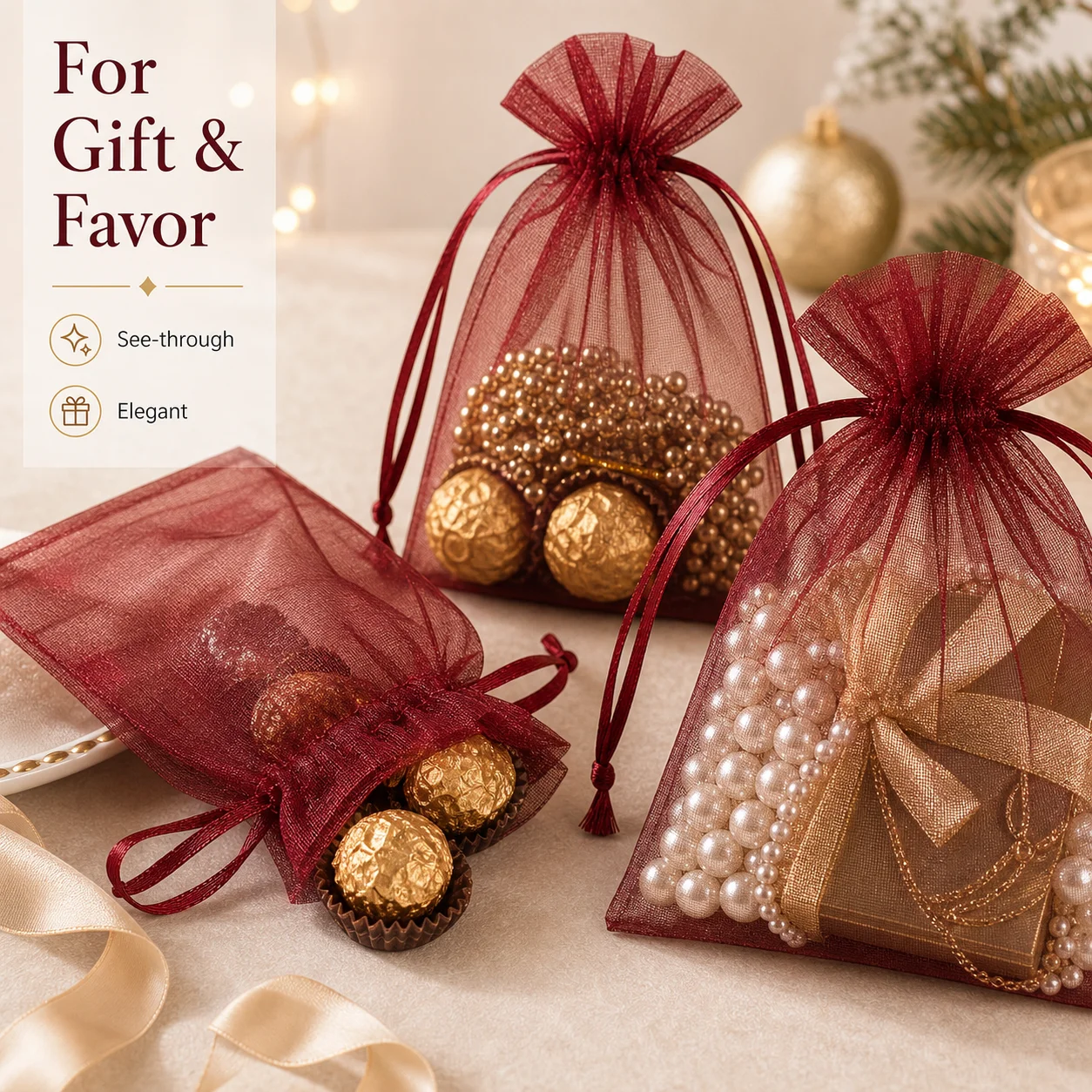 20 bolsas de regalo con cordón de organza color burdeos, bolsas de embalaje para joyería para bodas, baby shower, Navidad y fiestas de Halloween F