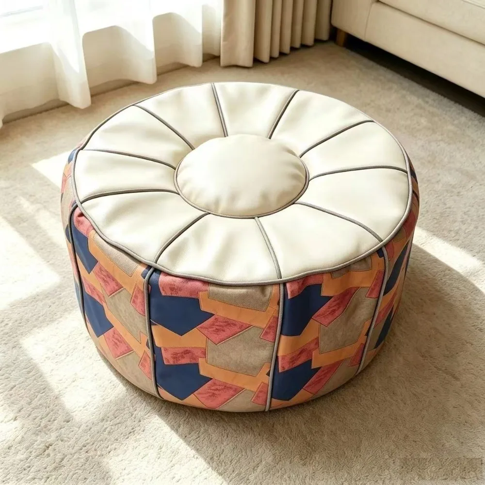 Space Saving PU Leather Footstool Cover Round/Square Unfilled Pouf Cover Retro Large Capacity Floor Seat Cushion Rest Area