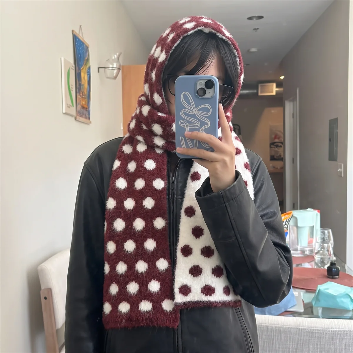 Women Polka Dot Knit Scarf Different Colors on Both Side Neck Wrap Soft Warm Winter Neckwear Street Style Versatile Daily Outfit