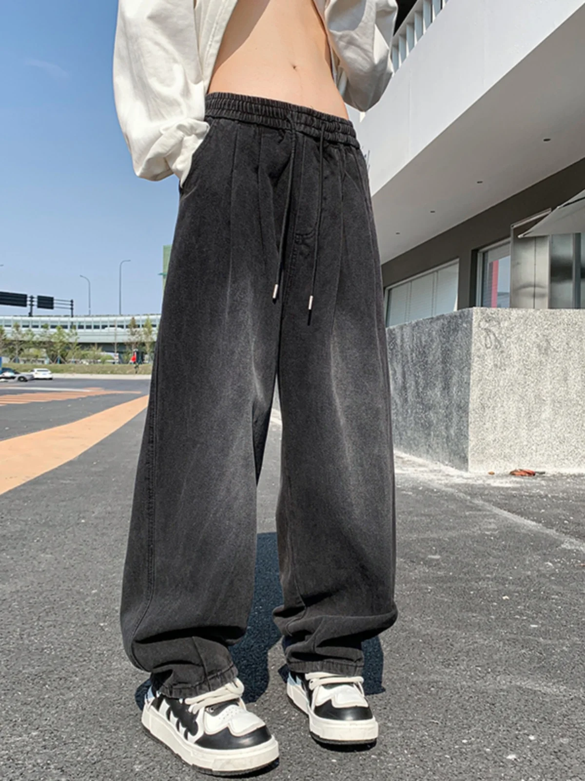 

Модные винтажные мужские джинсы с широкими штанинами в уличном стиле, повседневные прямые брюки с эластичным поясом, осенняя коллекция