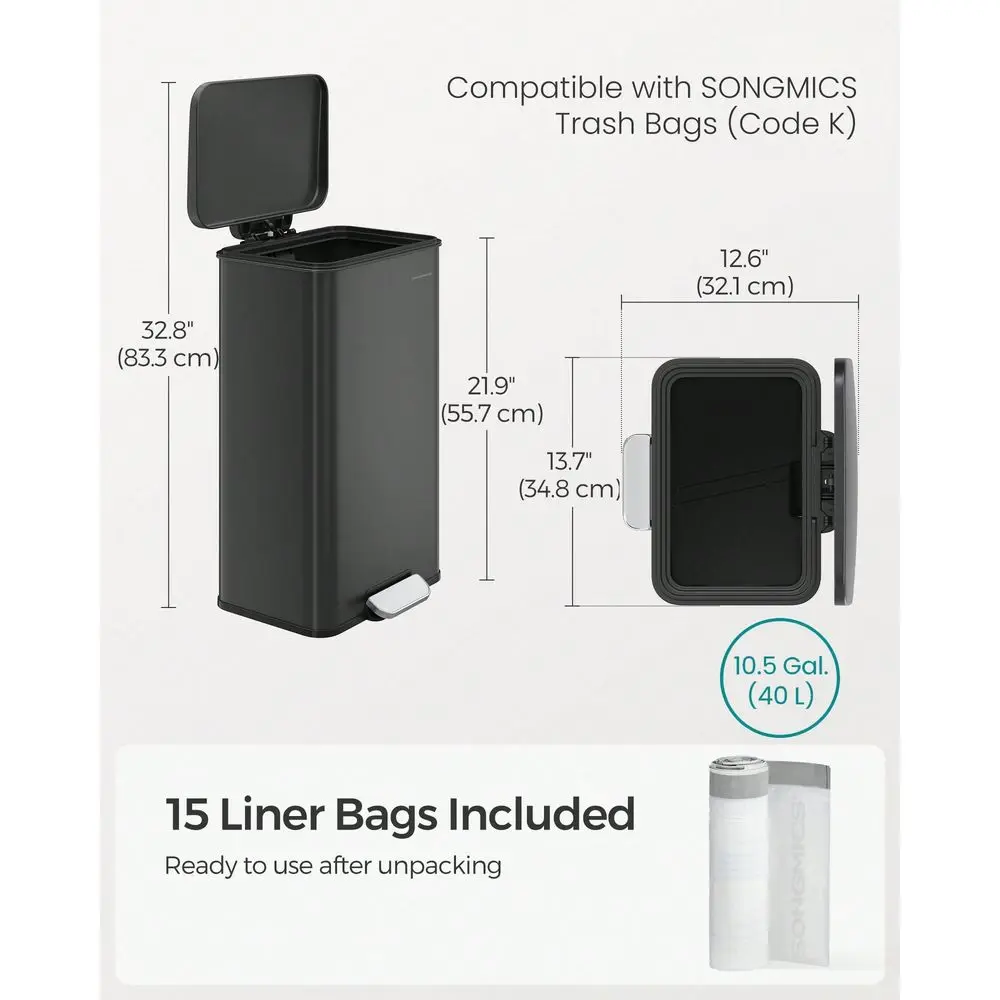 

Kitchen Trash Can, 10.5 Gallon 40 L Garbage Can, Large Step Trash Bin With Lid, Stainless Steel, Soft Close, 15 Trash Bags Incl