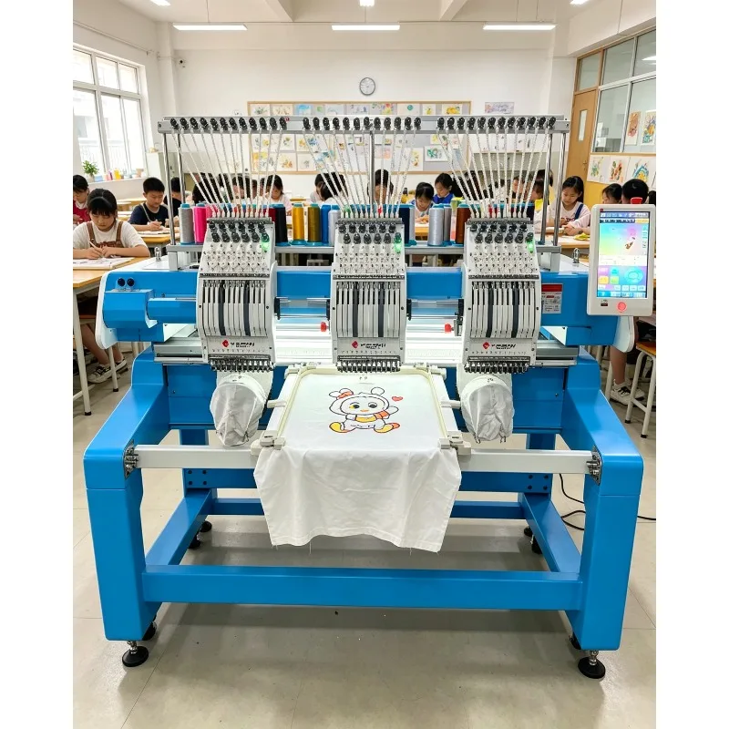 

3 Head Computerized Embroidery Machine 12/15/20 Needle High Speed for Hat Cap T-Shirt Hoodies Commercial Professional Use