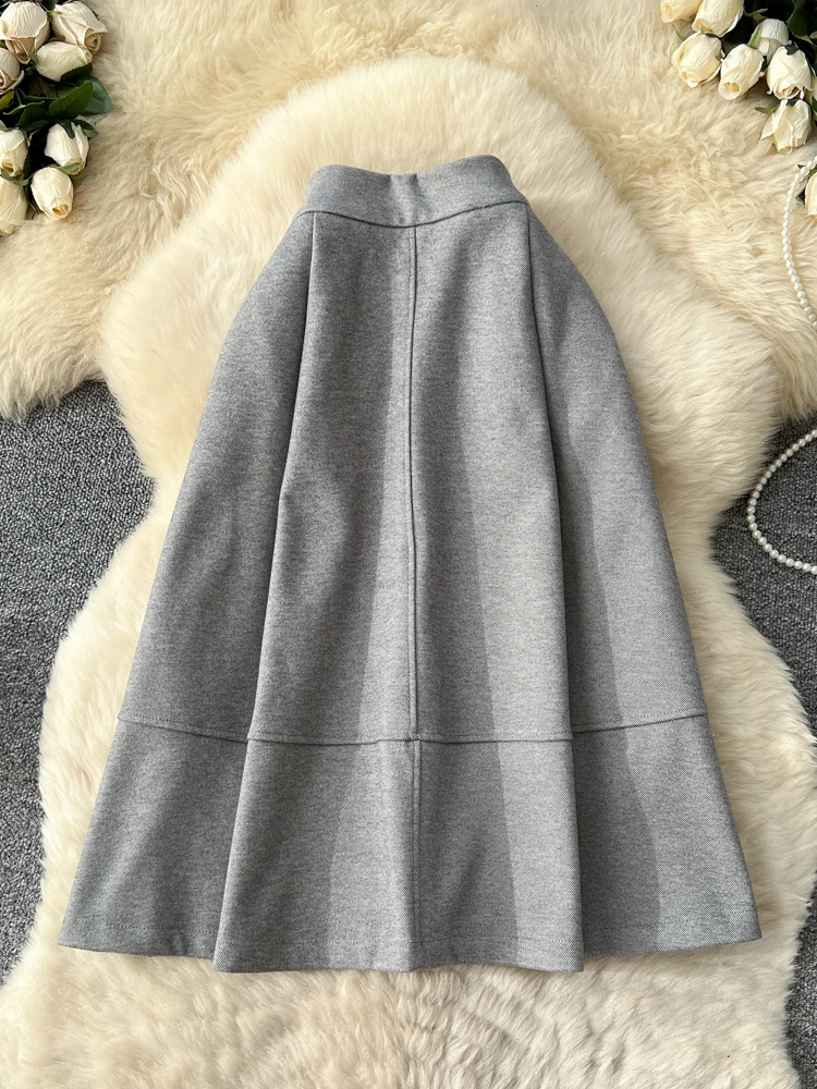 กระโปรงทรงเอเอวสูงสไตล์เกาหลีสำหรับผู้หญิง ดีไซน์ช่วยให้ดูผอมเพรียว ความยาวปานกลาง ผลิตจากเส้นใยโพลีเอสเตอร์ ทรงพอดีตัว