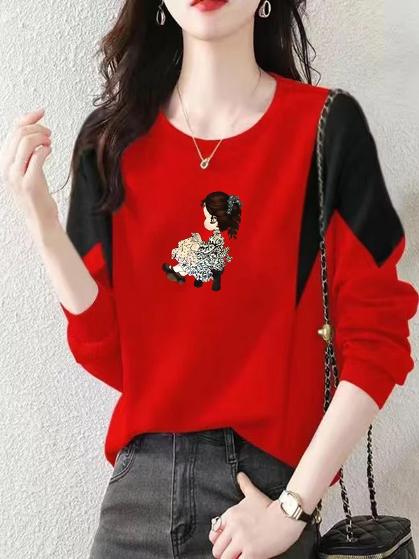 

Women's Fashionable Color Block round Neck Base Shirt Double Sided Flocking Velvet Loose Fit Warm Inner Wear Polyester Blend ...