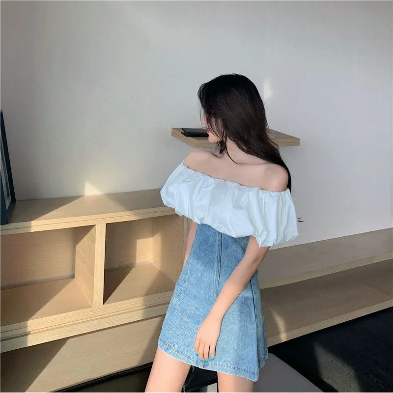 

Приталенное джинсовое платье на одно плечо для женщин, летнее модное платье А-силуэта с завышенной талией и коротким рукавом