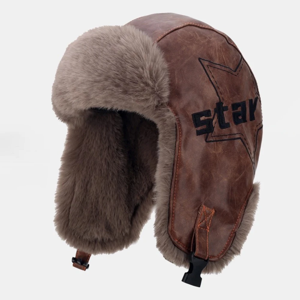 

HT4892 Bomber Hat Thick Warm Russian Hat Fur Lined Autumn Winter Hats for Men Women Windproof PU Leather Ski Trapper Earflap Cap