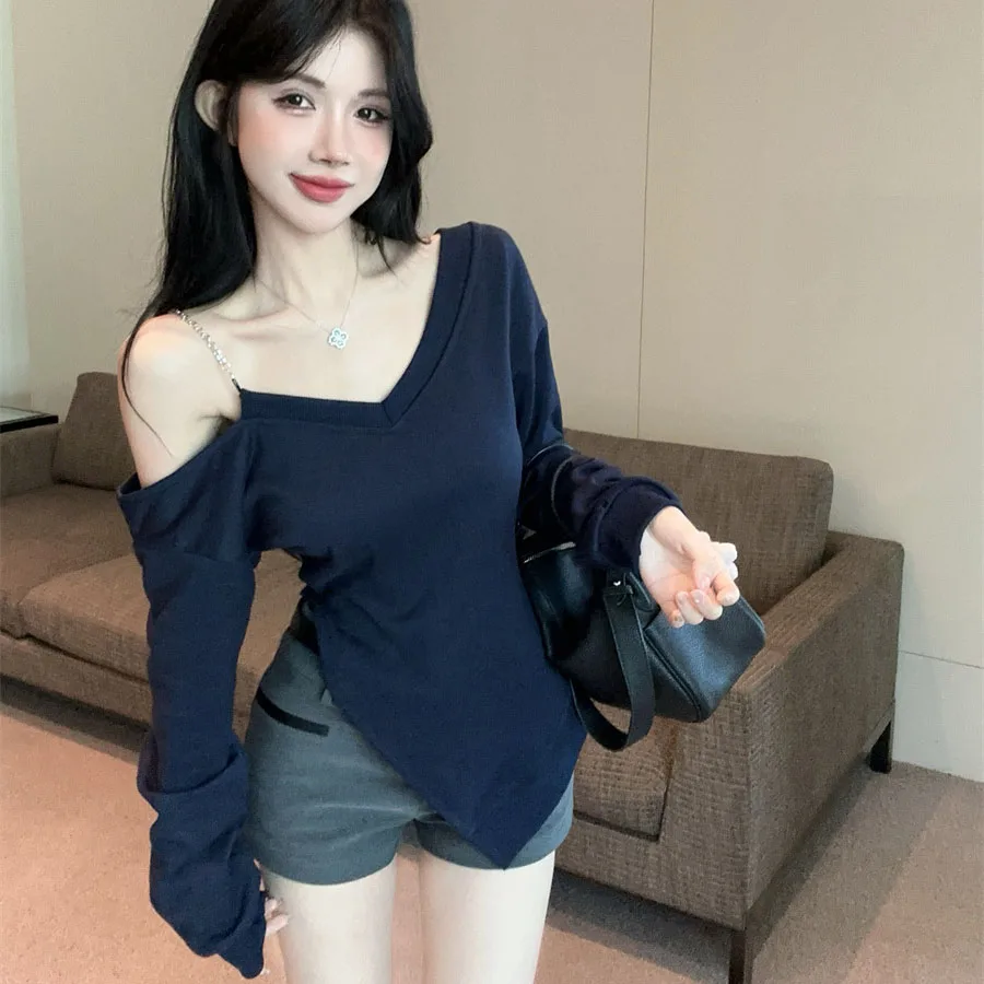 

Женские топы с V-образным вырезом и длинными рукавами в американском стиле, футболки с открытыми плечами, весенняя новинка, свитшоты с асимметричным разрезом в стиле Spicy Girl