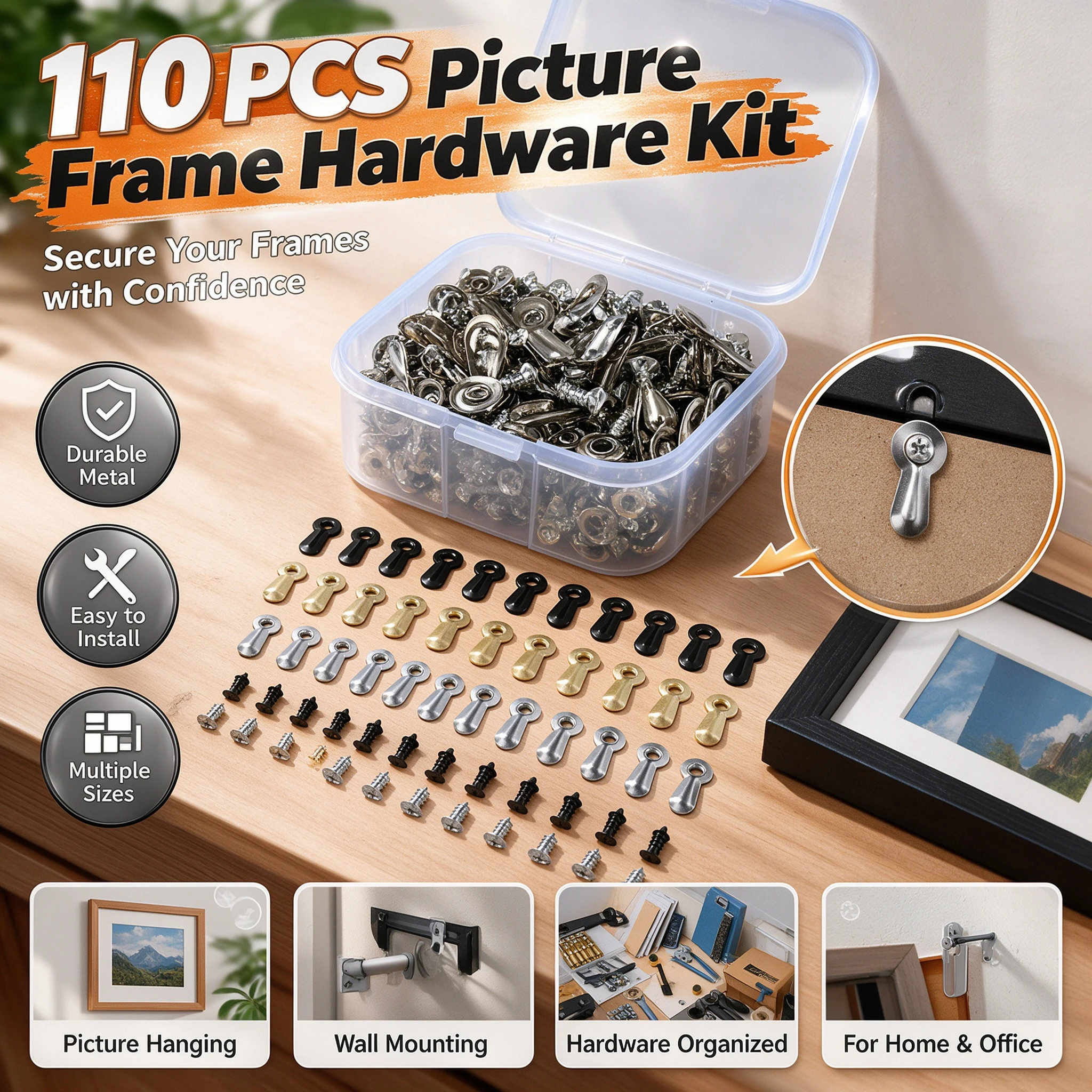 110Pcs Rotating Turn Button Frame Backing Clips Iron Fasteners Hardware Kit for Picture Frame Mirror Fixing Pack
