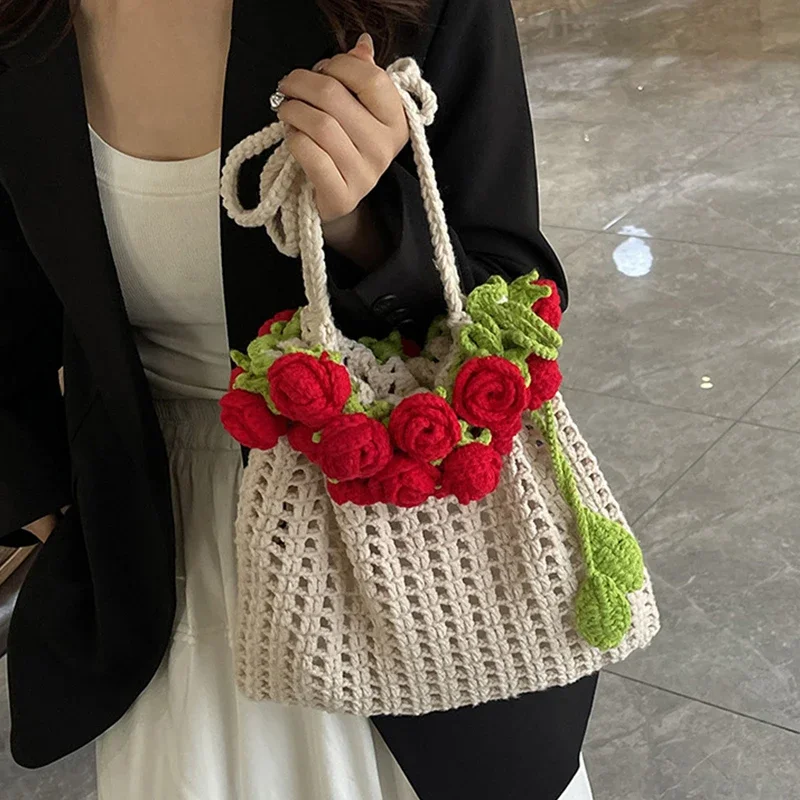 Bohemian Cotton Rope Knitted Large Capacity Shoulder Bag with Hollow out Flower Crochet Rose Bouquet Design for Beach Use