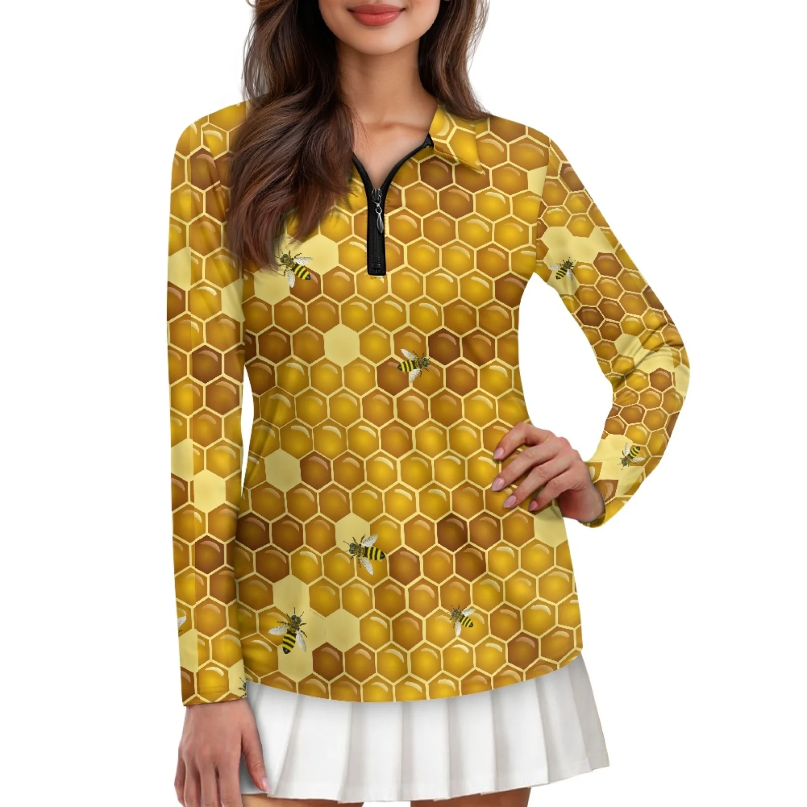 PENSTROLL Bee Honeycomb Womens Moisture Wicking Ladies Golf Polo Shirts Quarter Zip Athletic Activewear for Travel