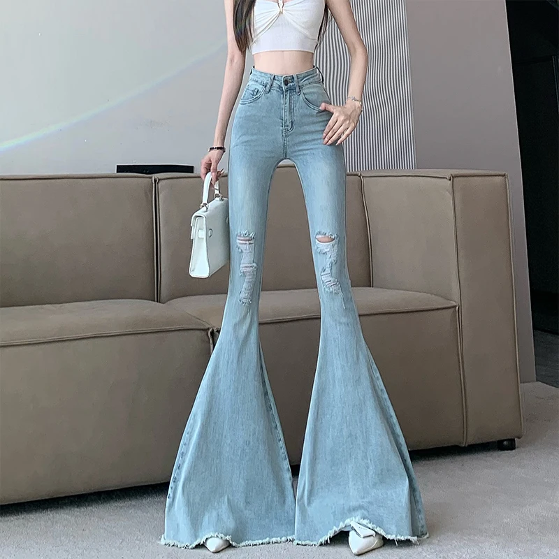 Heiße Skinny Big Flare Jeans Frauen Vintage Slim Fit hohe Taille Loch zerrissene Jeans hose Frau y2k Streetwear weites Bein Hose