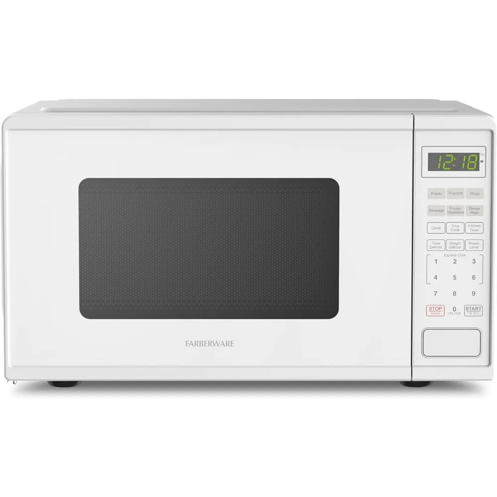 

Farberware 0.9 Cu. Ft. Countertop Microwave Oven 900 Watts Power Auto Cook Settings Defrost Easy Clean and Child Safety Lock