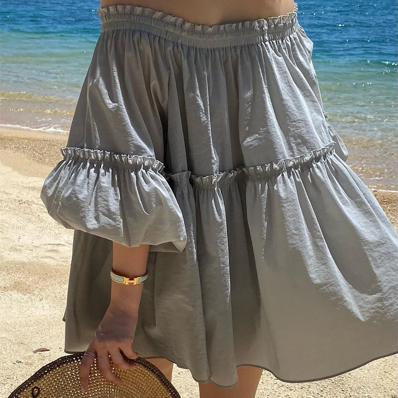 Chic Vaion Sle oulder Bared One-oulder Lantern Sve irt Women's Loose Fit Sweet Sle Pure Color Summer 2023