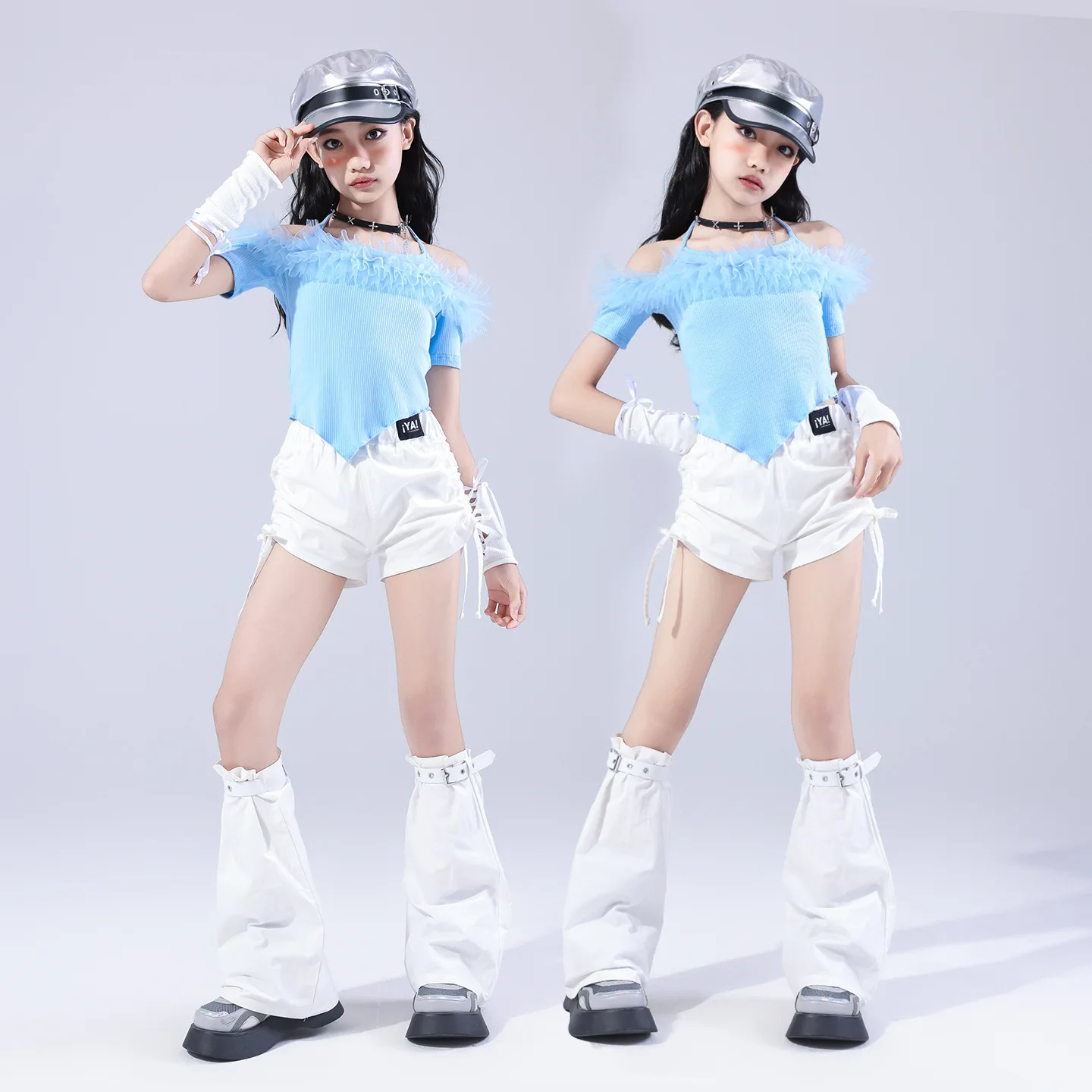Hip Hop Girls K-pop Long Sleeve One Shoulder Top Shorts Jeans Kids Streetwear Child Jazz Costumes Cheerleader Clothes Sets