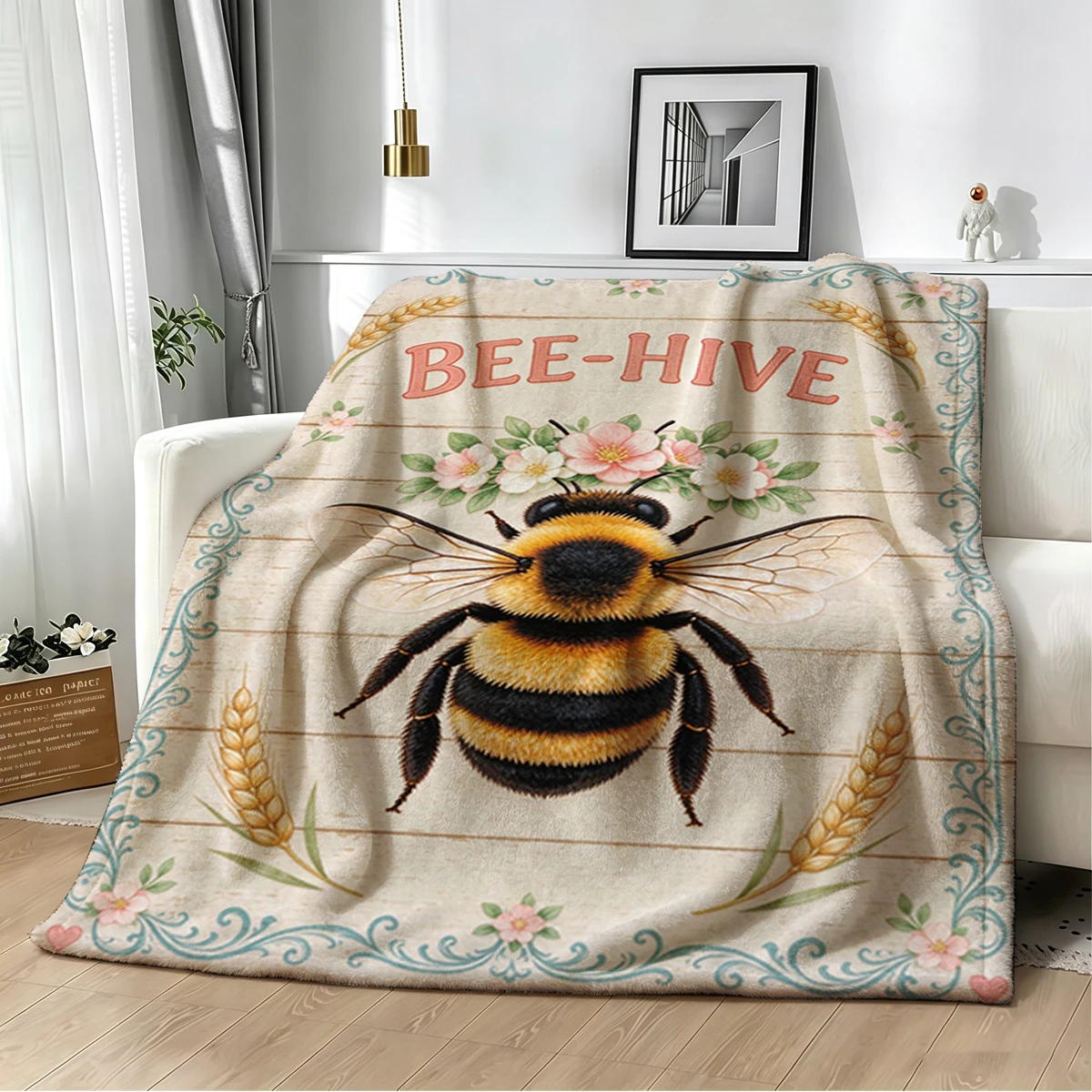 Bee-Hive Bumblebee Hearts Flannel Blanket Warm Soft Halloween Christmas Decorative Couch Warm Cozy All-Season Gift