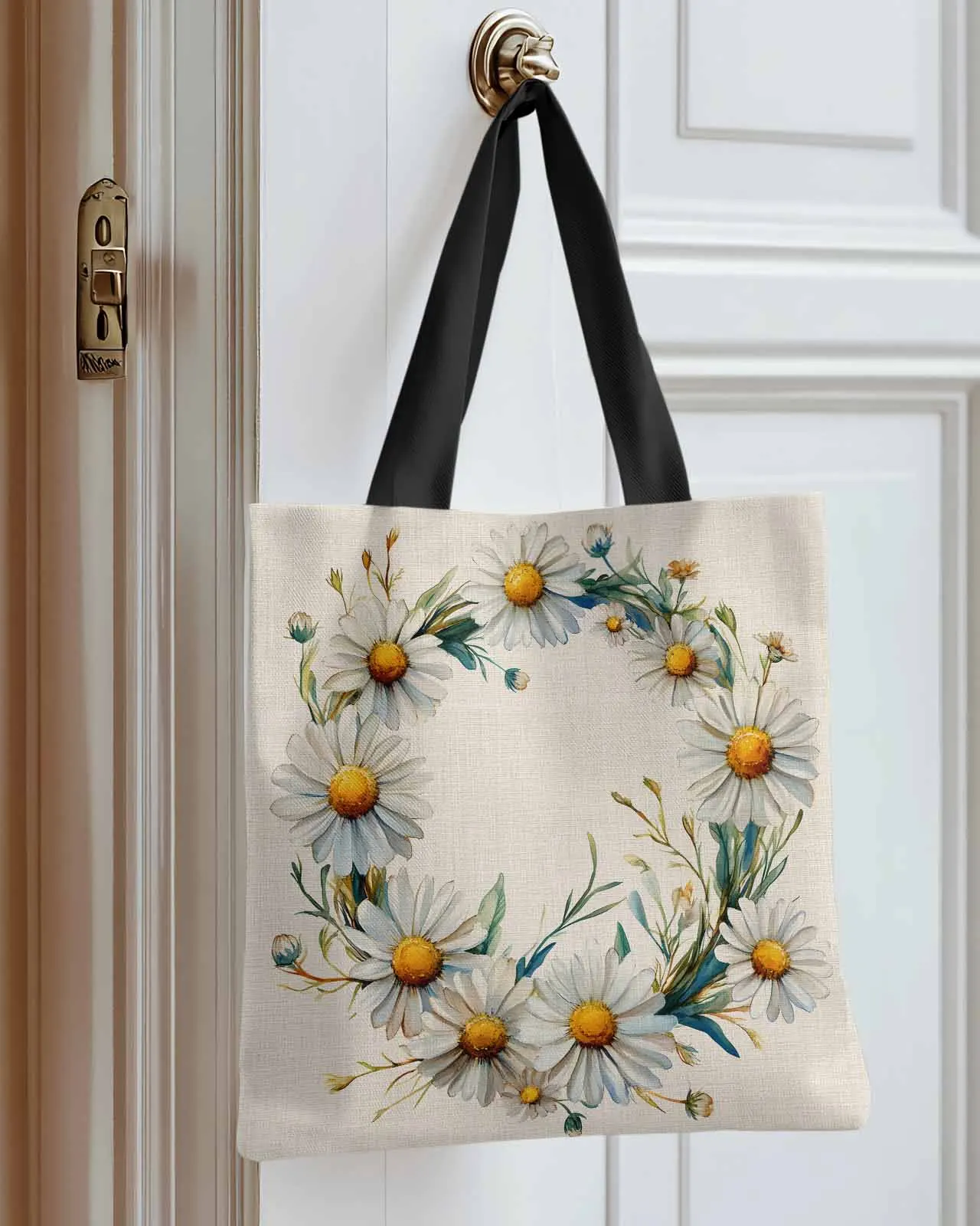 

Linen Background Circle Flower Canvas Bag Handbag Oxford Cloth Eco Shopping Storage Bag for Home Use