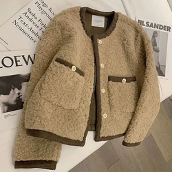 Vintage Lamb Faux Wool Jacket Women Korean Patchwork Cropped Coat Office Lady Elegant Thicken Warm Casual Short Outerwear Tops