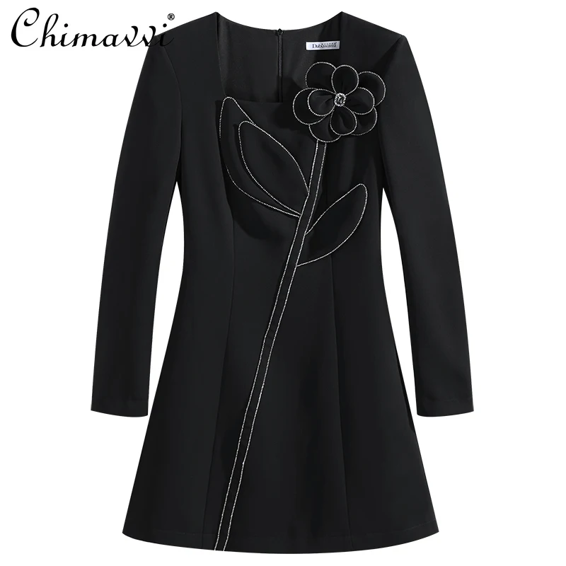 

2024 Autumn Casual Commuting New Exquisite Heavy Industry Bright Diamond Three-dimensional Flower Dress For Women