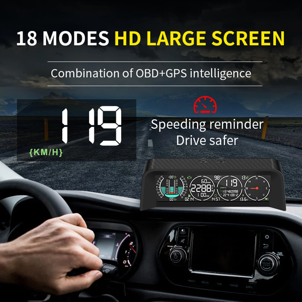 Car Head Up Display OBD+GPS Speedometer Tachometer Compass Voltage LCD Display Altitude Meter Off-road Intelligent Slope Meter