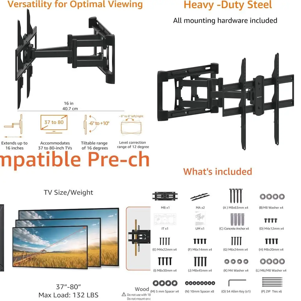 

Сверхмощное шарнирное крепление для телевизора с двойным кронштейном и полным движением для телевизоров с диагональю до 80 дюймов до 132 фунта, подходит для плоских изогнутых экранов со светодиодным ЖК-дисплеем OLED,