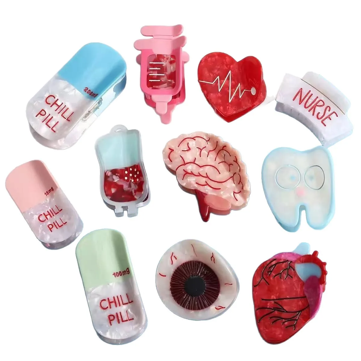 Clipe de garra da série médica de coração de pílula de bloco de cores |   Clipe de tubarão de desenho animado |   Acessório de cabelo de rabo de cavalo meio-up de última geração