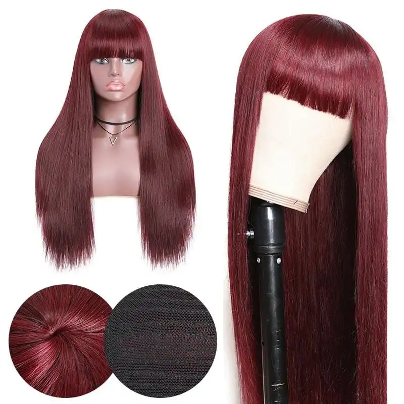 180% Burgundy Straight Wear And Go Human Hair Wig With Bangs Full Machine Made None Lace Front Wig Cheap Wigs For Beginners