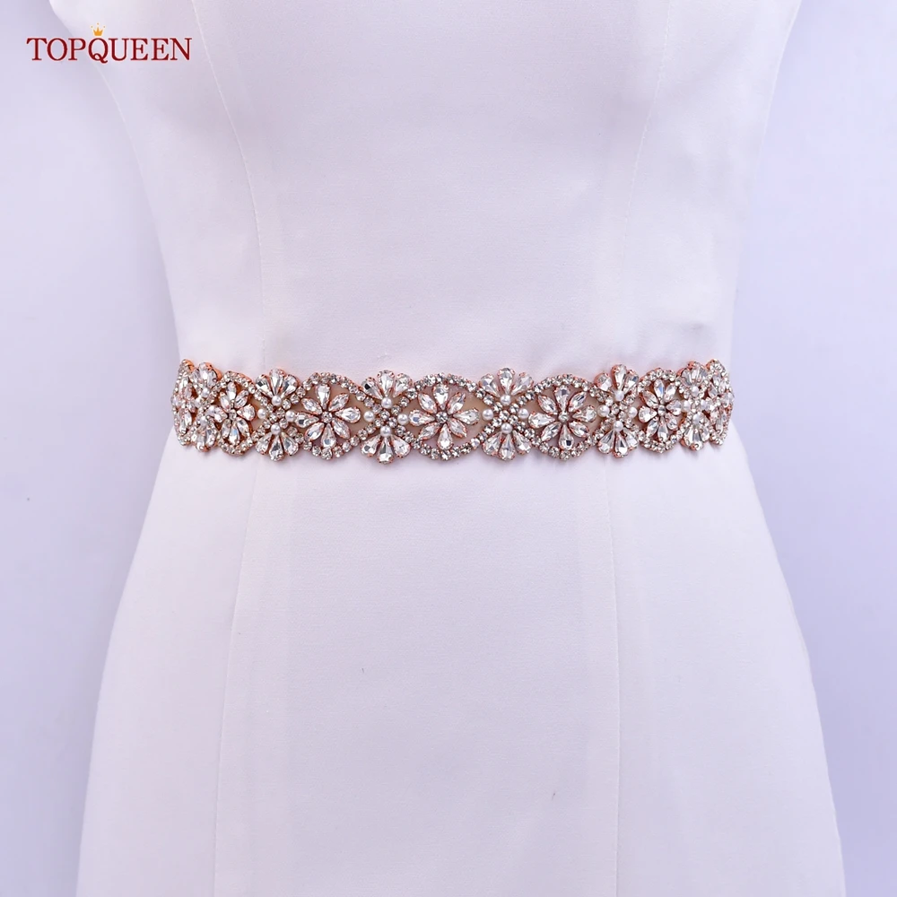 TOPQUEEN S453-RG Bridal Wedding Dress Belt Handmade Luxury Sash Accessories Women Evening Gown Waistband Rose Gold Rhinestone