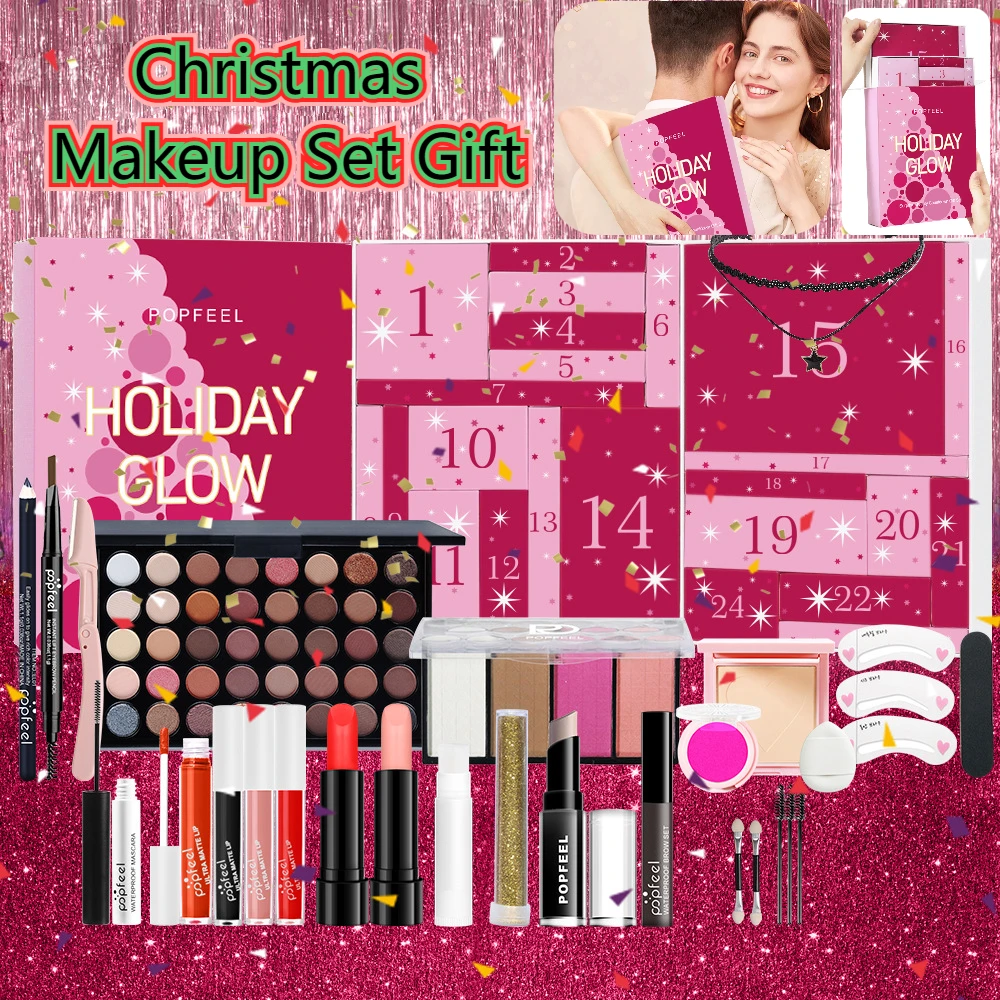 Set trucco per il conto alla rovescia di Natale Rossetto Ombretto Cosmetici Confezione regalo per calendario dell'Avvento di bellezza per le vacanze da 24 pezzi per donne e ragazze