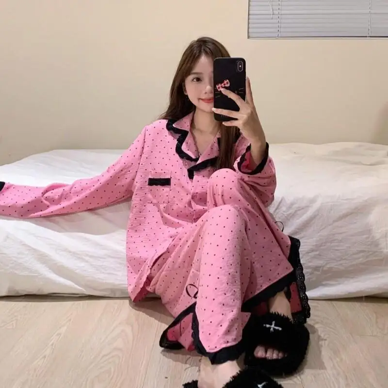 새로운 달콤한 물방울 무늬 레이스 디자인 니치 한국 홈 슈트 세트 파자마 소녀 스타일 긴 소매 잠옷 여성 봄 가을