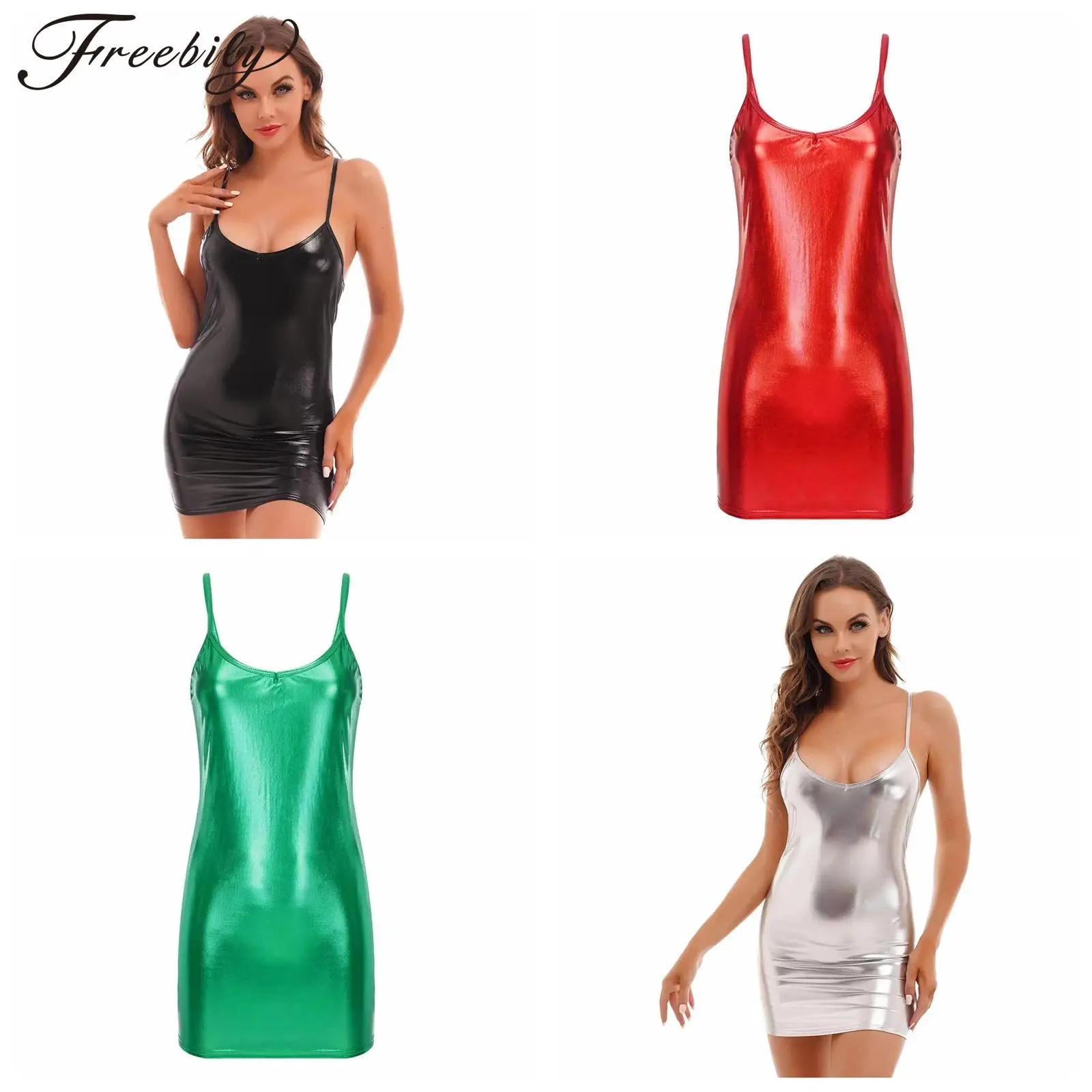Sexy clubbing-jurk dames mini-jurk glanzend metallic mouwloze bodycon-jurk spaghettibandjes jurken voor damesfeest clubwear