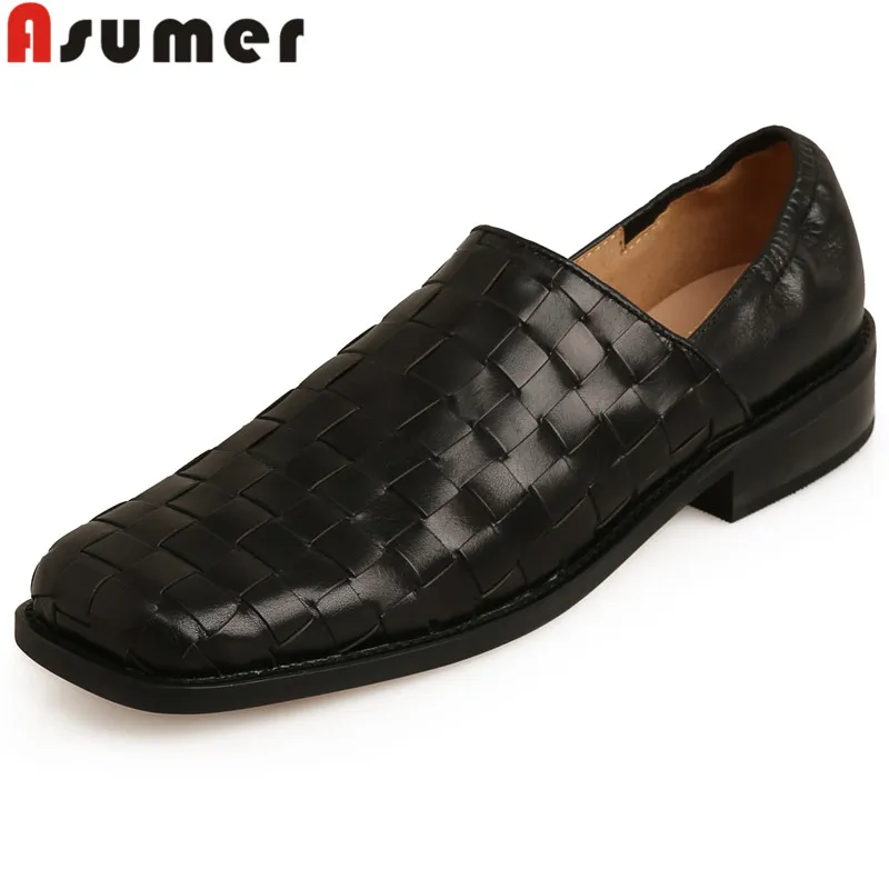 

ASUMER 2024 New Square Toe Genuine Leather Shoes Woman Slip On Ladies Platform Pumps Loafers Square Med Heels Single Shoes