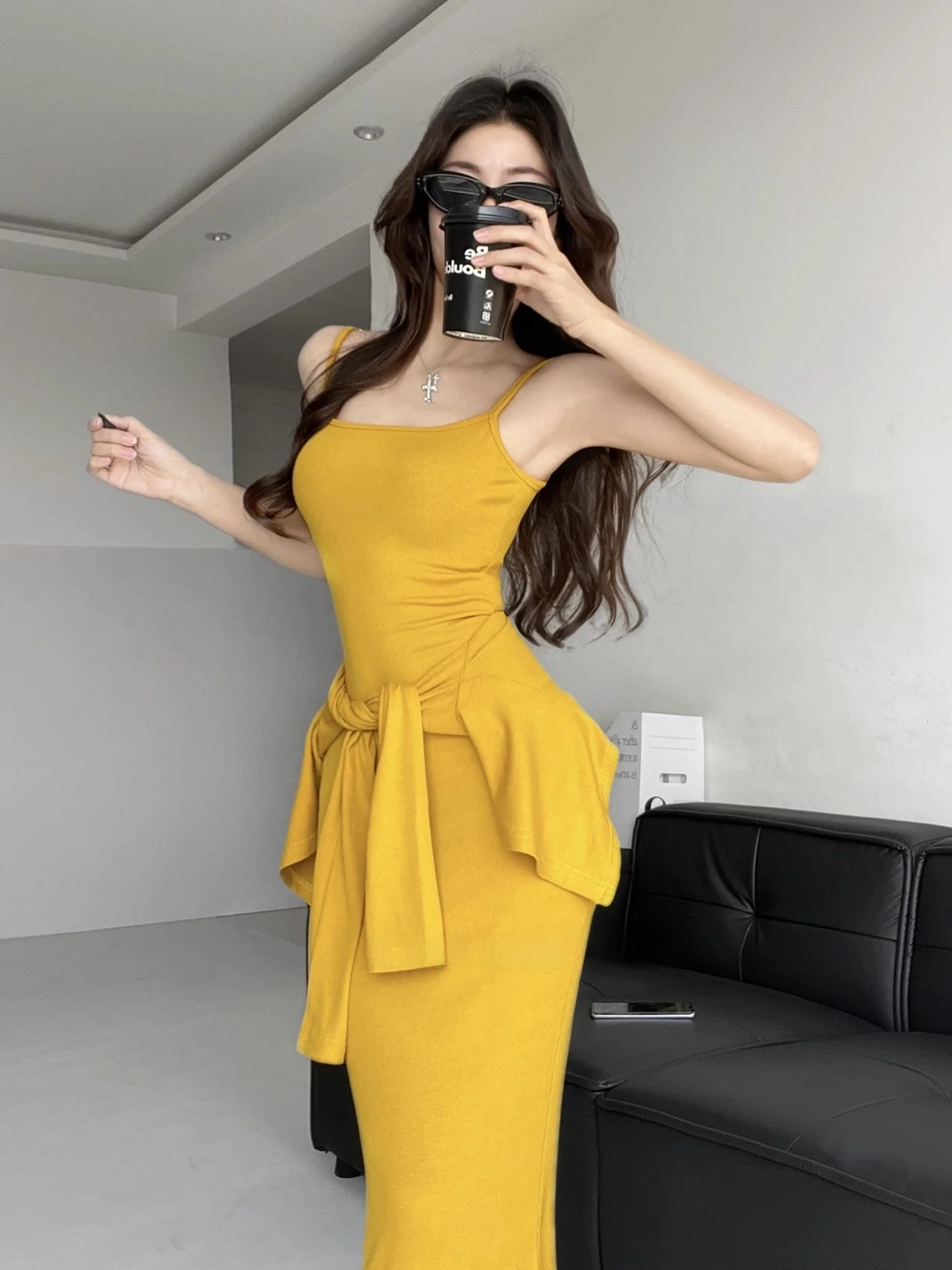 

Сексуальный длинный све с высокой талией из смеси хлопка, облегающий комплект из двух предметов Fi Tail Dr с открытым кардиганом для женщин Ci Commute Str...