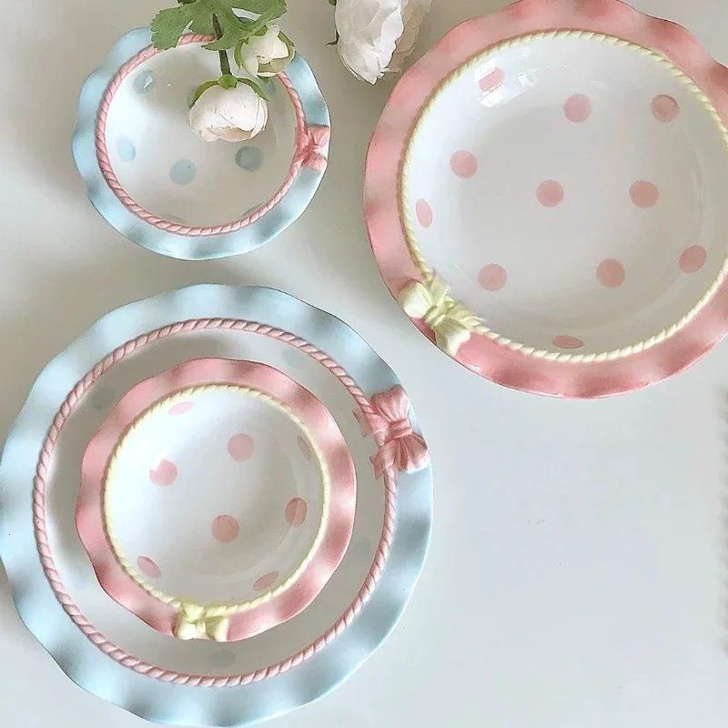 

Korean Underglaze Ceramic Plates, Cute Bow Lace Dessert Plates, Afternoon Tea Photography Tableware and Plates, Girl Salad Bowls