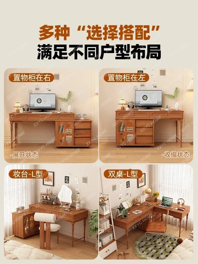 YYMedieval style double computer desk corner L-shaped desktop solid wood bookcase integrated household bedroom small apartment