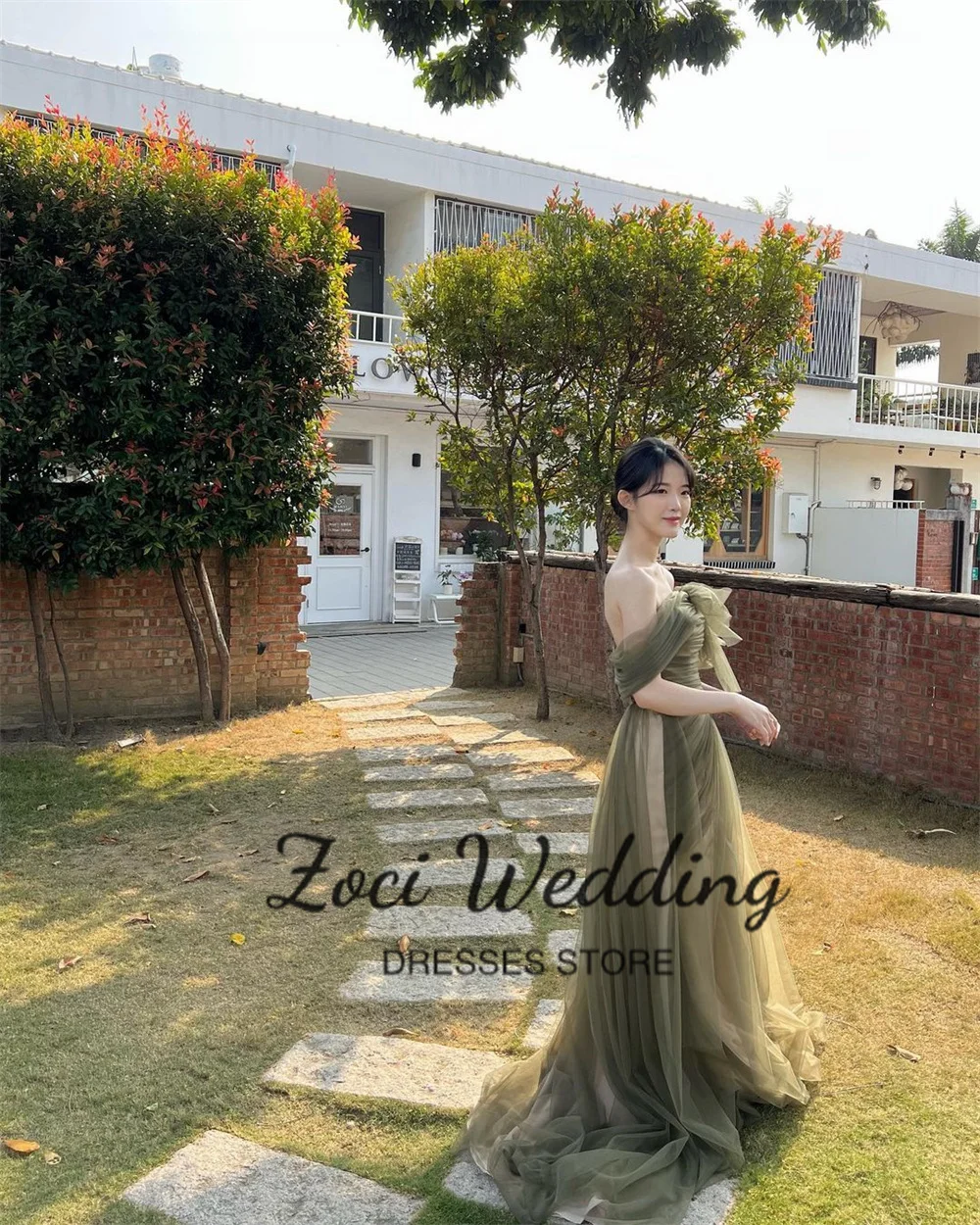 Zoci eleganti abiti da sposa coreani con spalle scoperte sirena verde tulle abiti da festa da sera foto sparare abito da sposa personalizzato