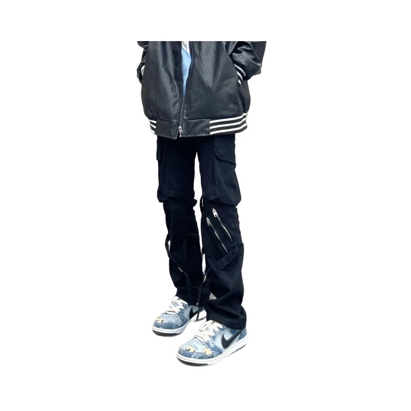 European And American Street Vibe Style Bandage Multi Pocket Straight Cargo Pants Zipper Trend Pants Men