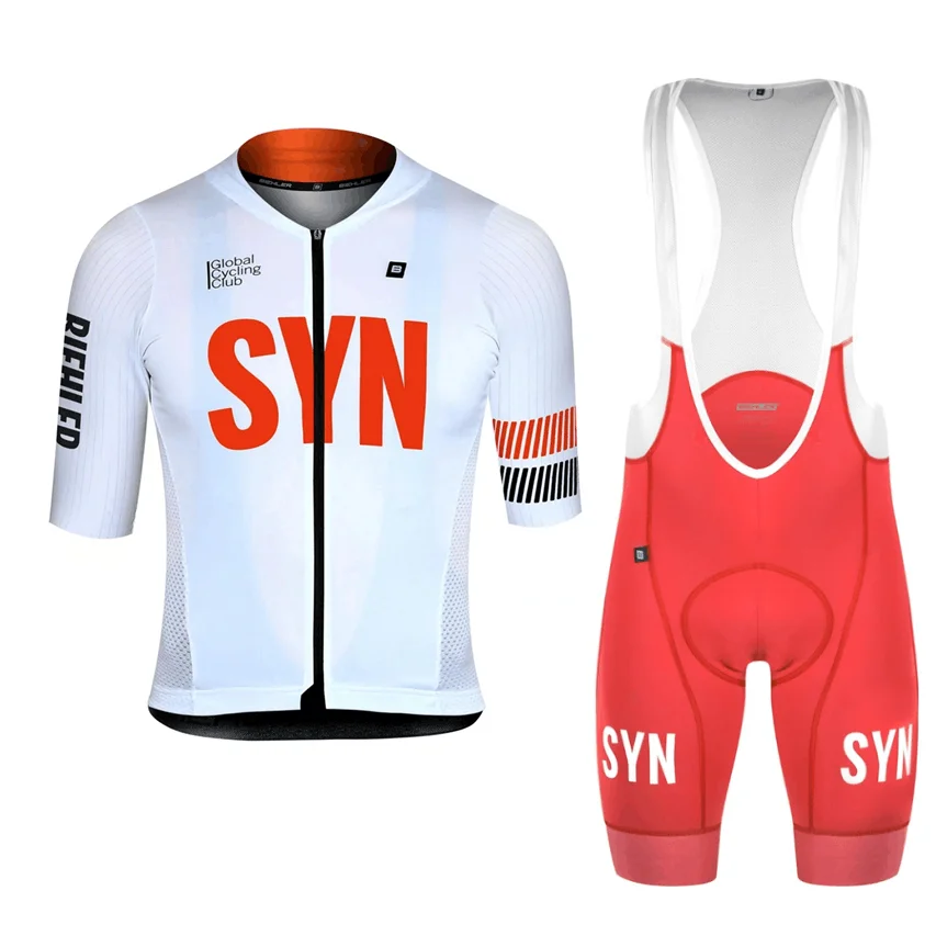 White Syn Summer Set da ciclismo da uomo traspirante e confortevole maglia a maniche corte e pantaloncini con bretelle Logo rosso abbigliamento MTB